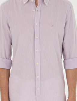 Рубашка приталенного кроя из смесового льна сиреневого цвета с длинным рукавом - Cacharel фото 13