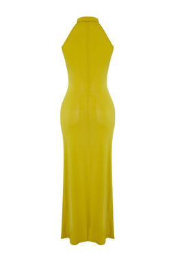 Yag Yesili Kusak Detayl? Halter Yaka Bodycone/Vucuda Oturan Esnek Maxi Orme Elbise TWOSS25EL00689