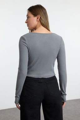 Gri Fitted/Vucuda Oturan Havuz Yaka Esnek Orme Bluz TWOAW25BZ00231 - Trendyolmilla фото 5