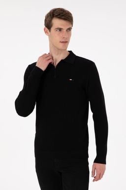 Erkek Regular Fit Yar_m Fermuarl_ Siyah Basic Kazak