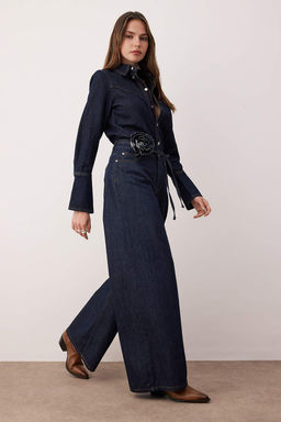 Koyu Mavi Yuksek Bel Gul Kemer Detayl? Wide Leg Jeans TWOAW26JE00171 - Trendyolmilla фото 2