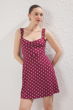 Bordo Ask?l? Puantiye Bask?l? Etegi F?rf?rl? Fitilli Esnek Mini Orme Elbise TWOSS25EL00379 - Trendyolmilla фото 3