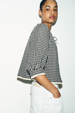 CHAQUETA CUADRO VICHY COMBINADO CROCHET / Negro / Blanco