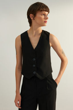 Siyah Premium Dugmeli Crop Dokuma Yelek TWOAW24YE00061