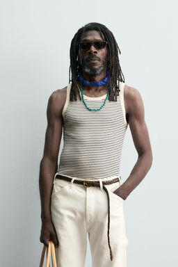 CAMISETA TANK JACQUARD RAYAS X AARON LEVINE / Crudo / Azul