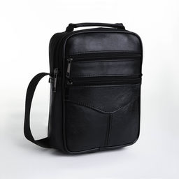 Сумка мужская, через плечо, прессованная кожа, 3 наружных кармана, чёрная