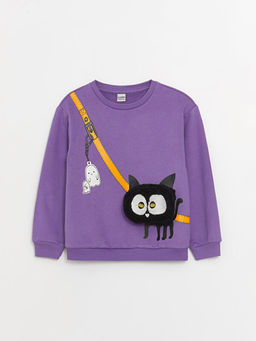 Bisiklet Yaka Bask?l? Uzun Kollu K?z ?ocuk Sweatshirt