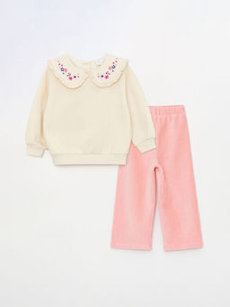 Bebe Yaka Uzun Kollu Nak??l? K?z Bebek Sweatshirt ve Pantolon