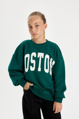 K?z Cocuk Oversize Genis Kal?p Bisiklet Yaka Bask?l? Okul Sweatshirt