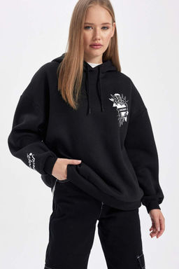 Толстая толстая толстовка с капюшоном и принтом на спине Cool Oversize - Defacto фото 4
