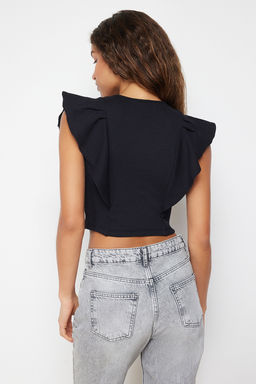 Siyah Kollar? F?rf?rl? Fitilli Esnek Bisiklet Yaka Crop Orme Bluz TWOSS24BZ00370