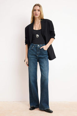 Koyu Mavi Yuksek Bel Az Esnek Wide Leg Genis Paca Jeans TWOSS26JE00153 - Trendyolmilla фото 3