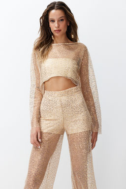 Bej Crop Astars?z Par?lt?l? Payetli Orme File Bluz TPRSS24BZ00009 - Trendyolmilla фото 2