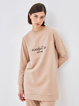 Bisiklet Yaka Bask?l? Kad?n Kal?n Sweatshirt Tunik