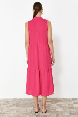 Fusya Bordo Duz Kesim Dik Yaka Midi Aerobin Dokuma Elbise TWOSS20EL1864