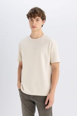 Regular Fit Bisiklet Yaka Bask?l? Ag?r Kumas K?sa Kollu Tisort