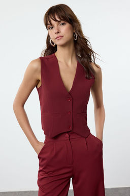 Bordo Dugmeli Crop Dokuma Yelek TWOSS22YE0053