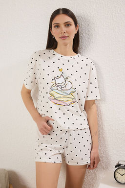 Trendyolmilla Beyaz %100 Pamuklu Kalp Desenli Kedi Bask?l? Sortlu Orme Pijama Tak?m? THMSS25PT00397  фото 2