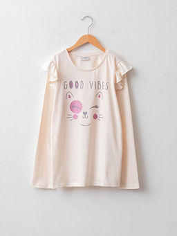 Bisiklet Yaka Bask?l? Uzun Kollu Pamuklu K?z ?ocuk Ti??rt