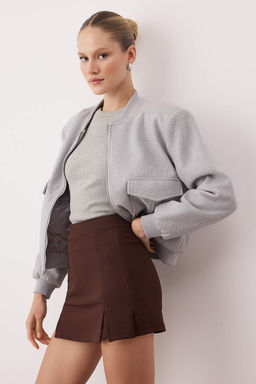 Koyu Kahverengi Y?rtmacl? A-line/Can Ac?lan Esnek Orme Mini Sort Etek TWOSS24ET00212