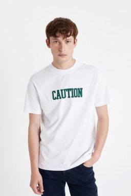 Regular Fit Bisiklet Yaka Bask?l? K?sa Kollu Tisort