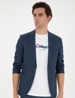 Lacivert Slim Fit Keten Kar___ml_ Spor Ceket