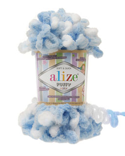Пуффи колор (Puffi kolor) пряжа Alize 100%микрополиэстер 5х100г/9 м цвет: 5865 белый-голубой