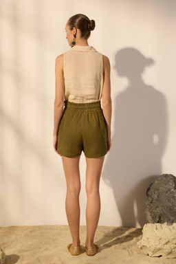 Haki %100 Keten Beli Lastikli Yuksek Bel Sort TWOSS23SR00319