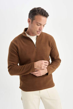 Коричневый флисовый свитшот стандартного кроя с воротником-стойкой и защитой от холода, с защитой от катышков и молнией - Defacto фото 3
