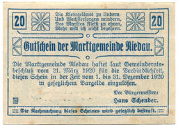 Банкнота 20 геллеров 1920 года Австрия Ридау (нотгельд)