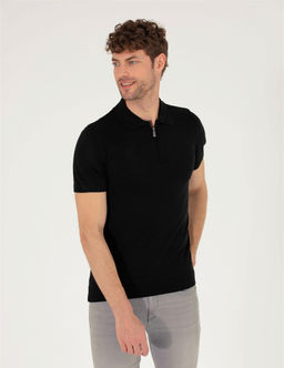 Siyah Slim Fit Fermuarl_ Polo Yaka Triko Ti__rt