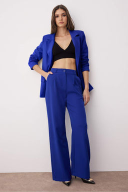 Mavi Yuksek Bel Wide Leg/Genis Paca Pilili Dokuma Kumas Pantolon TWOAW21PL0076