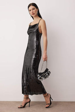 Siyah Orme Payet Maxi Astarl? S?k/Gece Elbise TPRAW26EL00159