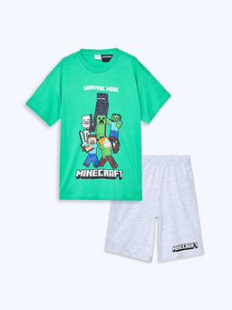 Bisiklet Yaka Minecraft Bask?l? Erkek ?ocuk ?ortlu Pijama Tak?m?