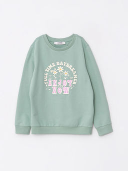 Bisiklet Yaka Bask?l? Uzun Kollu K?z ?ocuk Sweatshirt