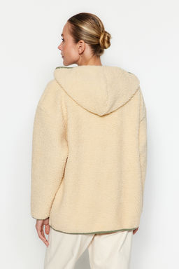 TRENDYOLMILLA Ekru Kal?n Polar Kontrast Biyeli Kapusonlu Relaxed/Rahat Kal?p Orme Sweatshirt TWOAW24SW00021  фото 5