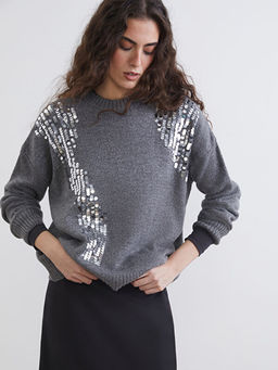 Bisiklet Yaka Pul ??lemeli Kad?n Triko Kazak