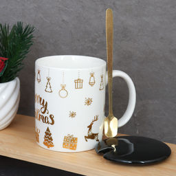 Кружка новогодняя с крышкой, ложка /300 мл/ HB-074 /уп 60/