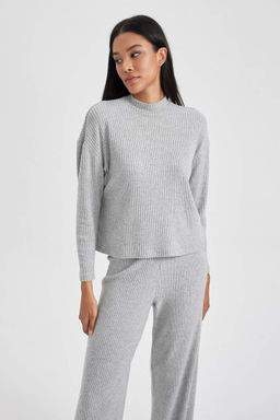 Ребристая футболка с длинными рукавами и круглым вырезом Relax Fit - Defacto фото 4