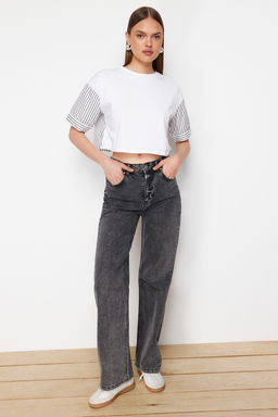 Beyaz Cizgili Poplin Kol Detayl? Slogan Bask?l? Crop Orme T-Shirt TWOSS24TS00239 - Trendyolmilla фото 3