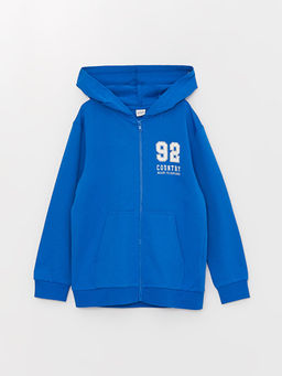 Kap??onlu Bask?l? Uzun Kollu Erkek ?ocuk Fermuarl? Sweatshirt