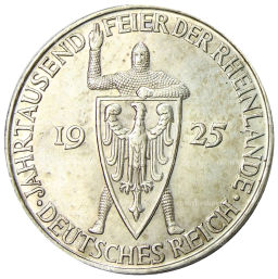 5 рейхсмарок 1925 года D Германия Тысячелетие Рейнской области (Рейнланда)