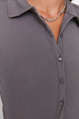 Gri Dugmeli Fitted/Vucuda Oturan Polo Yaka Burumcuk/Dokulu Crop Orme Bluz TWOAW22BZ0241 - Trendyolmilla фото 7