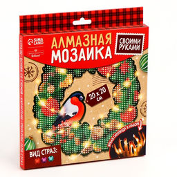 Алмазная мозаика на новый год с полным заполнением на фигурке. Венок «Снегирь», 20×20 см, набор для творчества