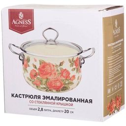КАСТРЮЛЯ AGNESS ЭМАЛИРОВАННАЯ СО СТЕКЛ. КРЫШКОЙ СЕРИЯ КОРЕЙСКАЯ РОЗА 2.8 Л, 20*12 СМ  фото 2