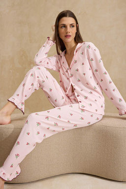Pembe Cicekli F?rf?r ve Baby Overloklu Burumcuk Dokulu Orme Pijama Tak?m? THMSS26PT00017