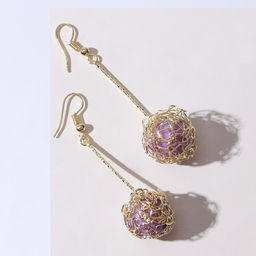 Серьги висячие Шар плетёный, цвет сиреневый в золоте, 6,5см - Queen fair фото 2