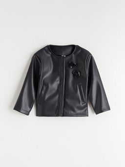 ?i?ekli Deri G?r?n?ml? K?z ?ocuk Ceket