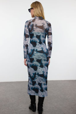 Siyah Soyut Bask?l? Tul Biye Detayl? Fitted/Vucuda Oturan Orme Elbise TWOAW25EL00409 - Trendyolmilla фото 5