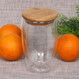 Стакан стеклянный с двойными стенками 450мл "Хай-Тек" с бамбуковой крышкой